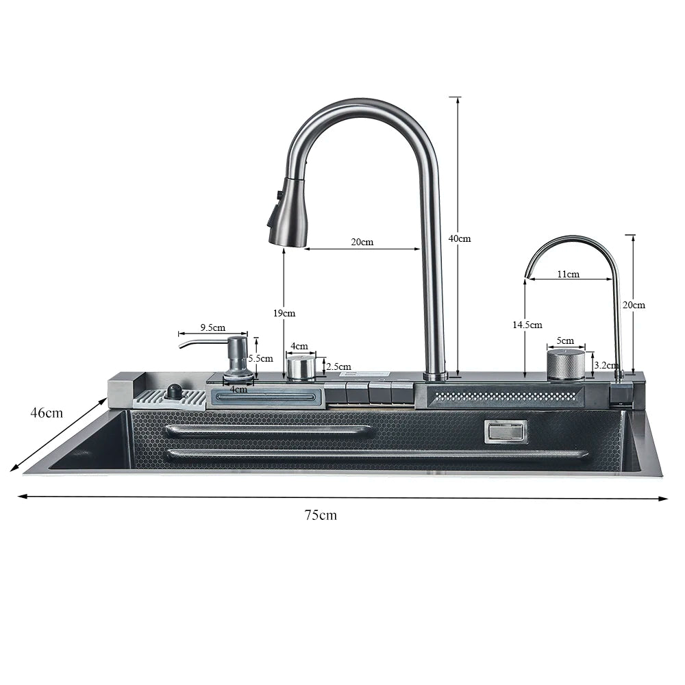 Fregadero de cocina de acero inoxidable 304 con pantalla digital, fregadero individual grande, lavabo con función táctil multifunción.