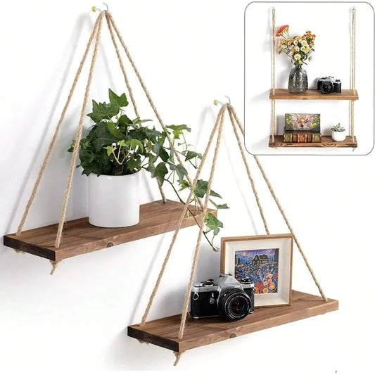 1PC columpio de madera colgante de cuerda de cáñamo, estante de pared flotante para el hogar, sala de estar, maceta, bandeja de almacenamiento, decoración de jardín