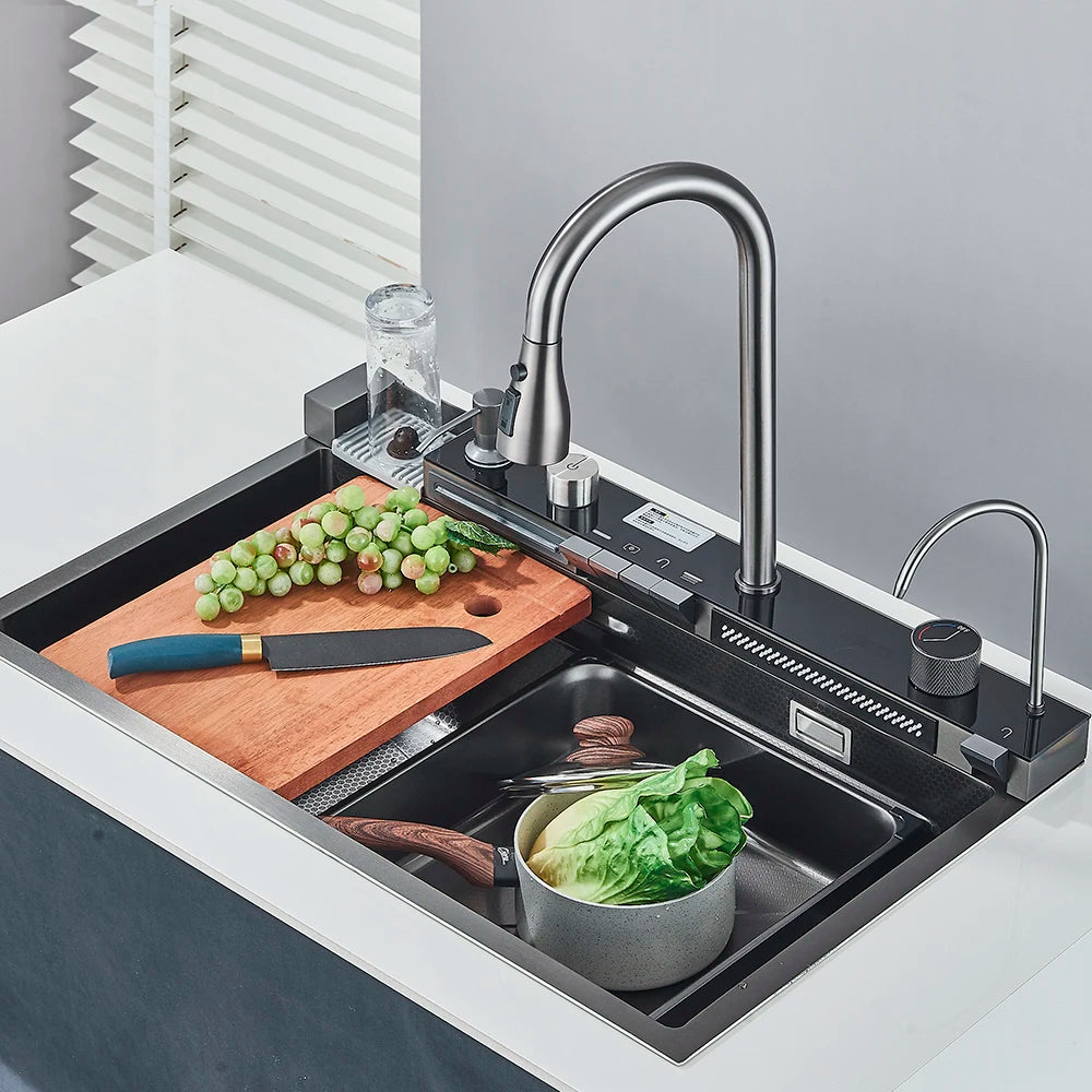 Fregadero de cocina de acero inoxidable 304 con pantalla digital, fregadero individual grande, lavabo con función táctil multifunción.