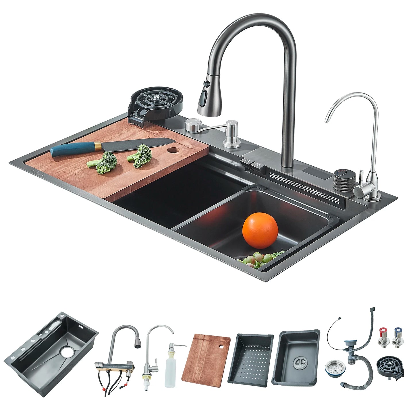 Fregadero de cocina de acero inoxidable 304 con pantalla digital, fregadero individual grande, lavabo con función táctil multifunción.