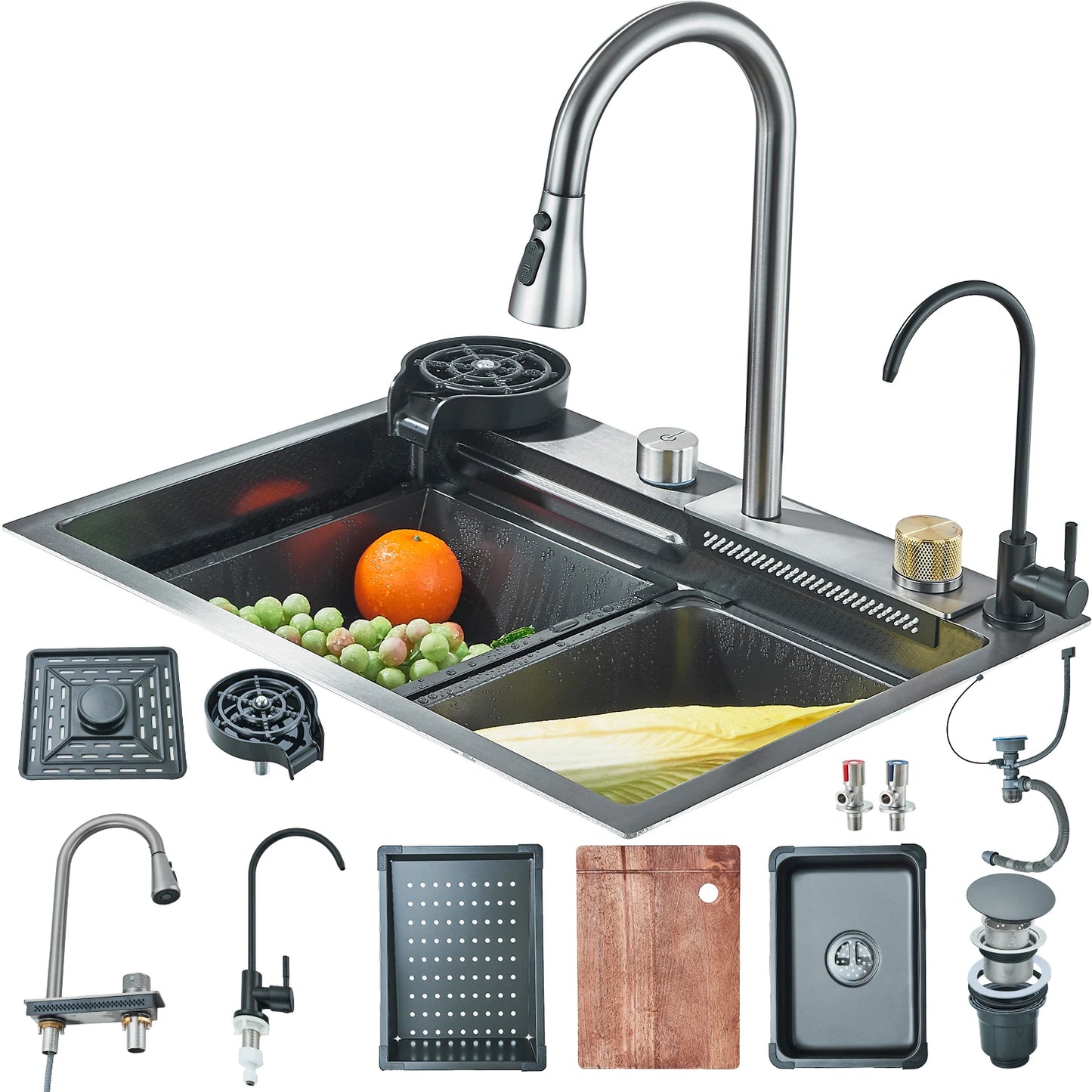 Fregadero de cocina de acero inoxidable 304 con pantalla digital, fregadero individual grande, lavabo con función táctil multifunción.