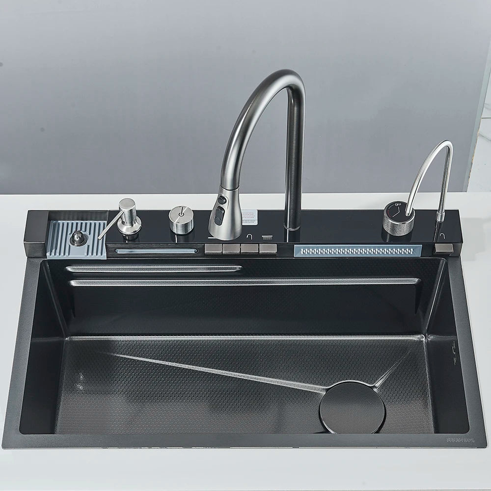 Fregadero de cocina de acero inoxidable 304 con pantalla digital, fregadero individual grande, lavabo con función táctil multifunción.