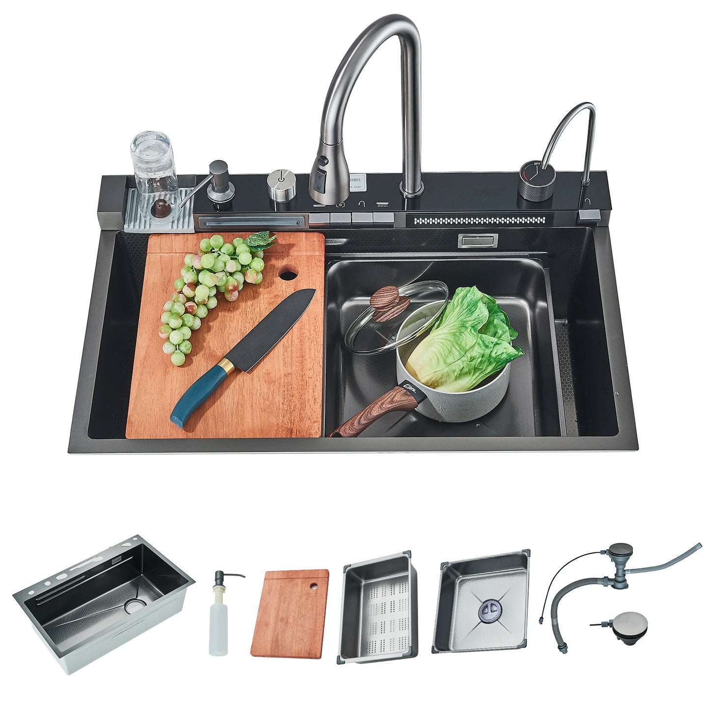 Fregadero de cocina de acero inoxidable 304 con pantalla digital, fregadero individual grande, lavabo con función táctil multifunción.