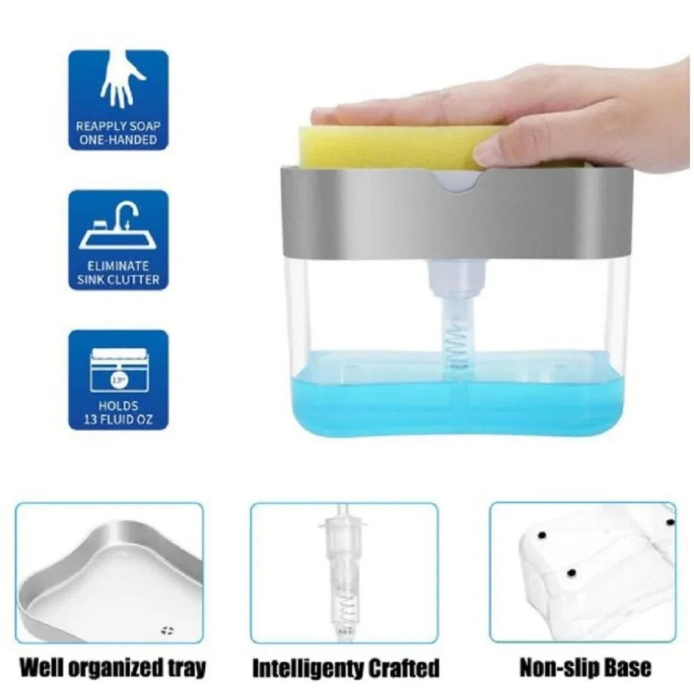 Dispensador de jabón para platos de cocina, dispensador de jabón líquido, dispensador de jabón de cocina con soporte para esponja, dispensador de jabón con bomba para esponja.