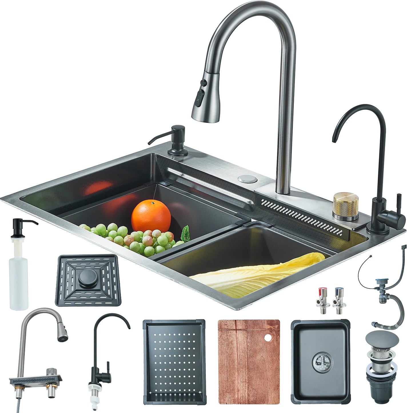 Fregadero de cocina de acero inoxidable 304 con pantalla digital, fregadero individual grande, lavabo con función táctil multifunción.