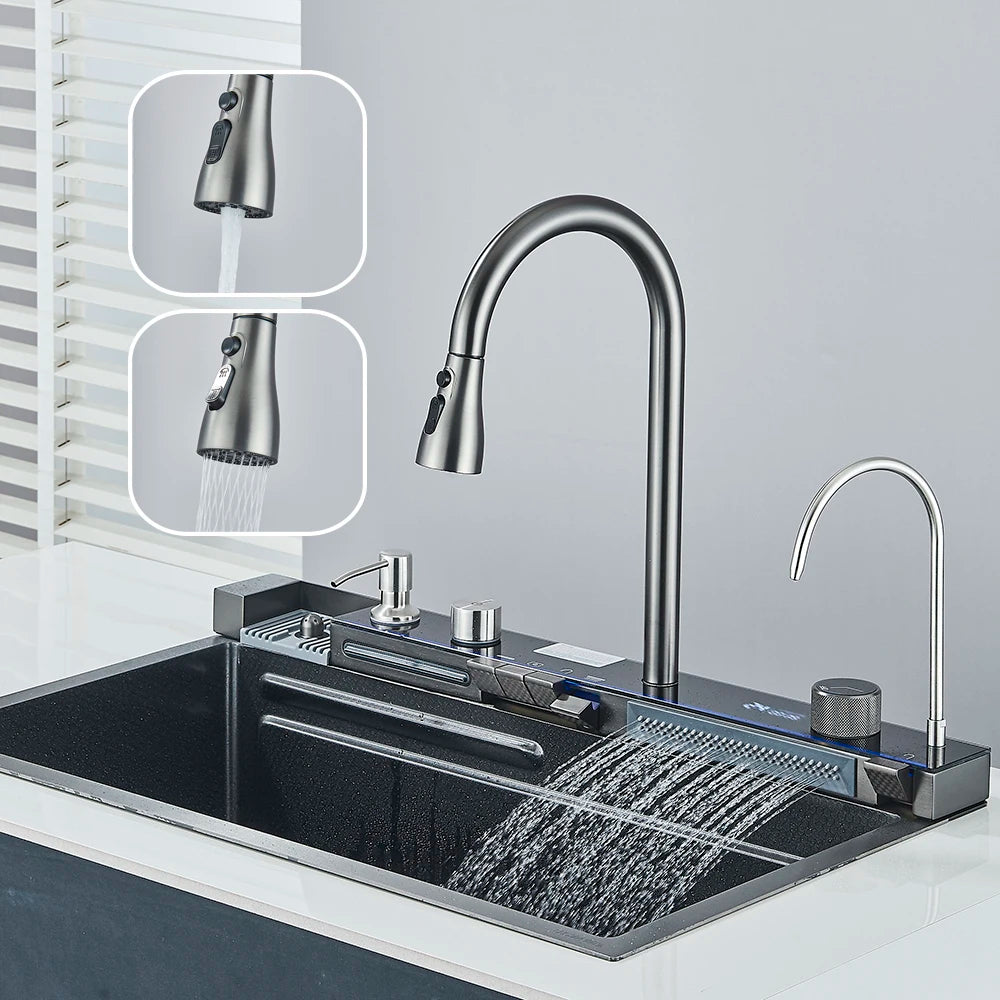 Fregadero de cocina de acero inoxidable 304 con pantalla digital, fregadero individual grande, lavabo con función táctil multifunción.