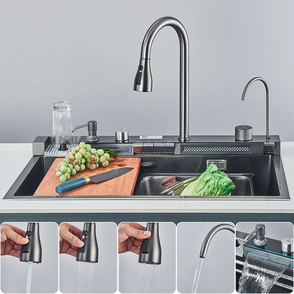Fregadero de cocina de acero inoxidable 304 con pantalla digital, fregadero individual grande, lavabo con función táctil multifunción.