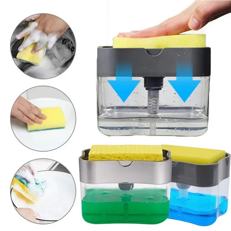 Dispensador de jabón para platos de cocina, dispensador de jabón líquido, dispensador de jabón de cocina con soporte para esponja, dispensador de jabón con bomba para esponja.