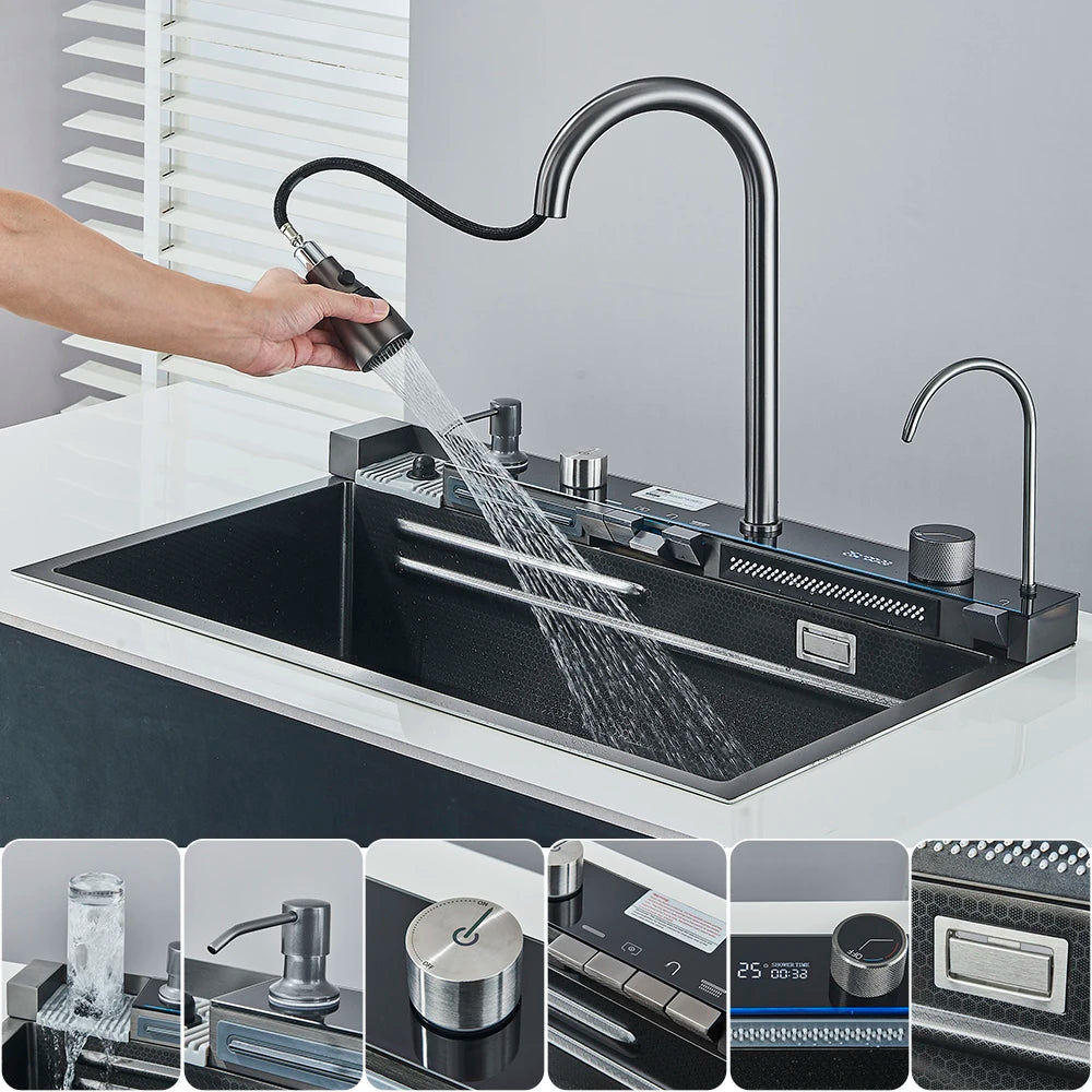 Fregadero de cocina de acero inoxidable 304 con pantalla digital, fregadero individual grande, lavabo con función táctil multifunción.