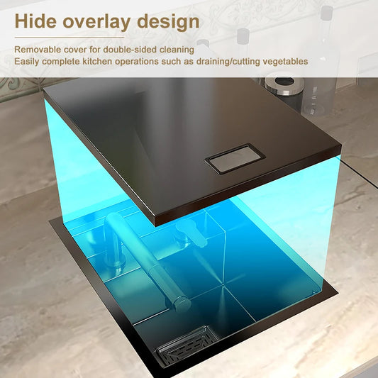 Fregadero de barra oculto de acero inoxidable para cocina, apartamento, pequeño, de una sola ranura, para coche de turismo, lavabo multifuncional con tapa.