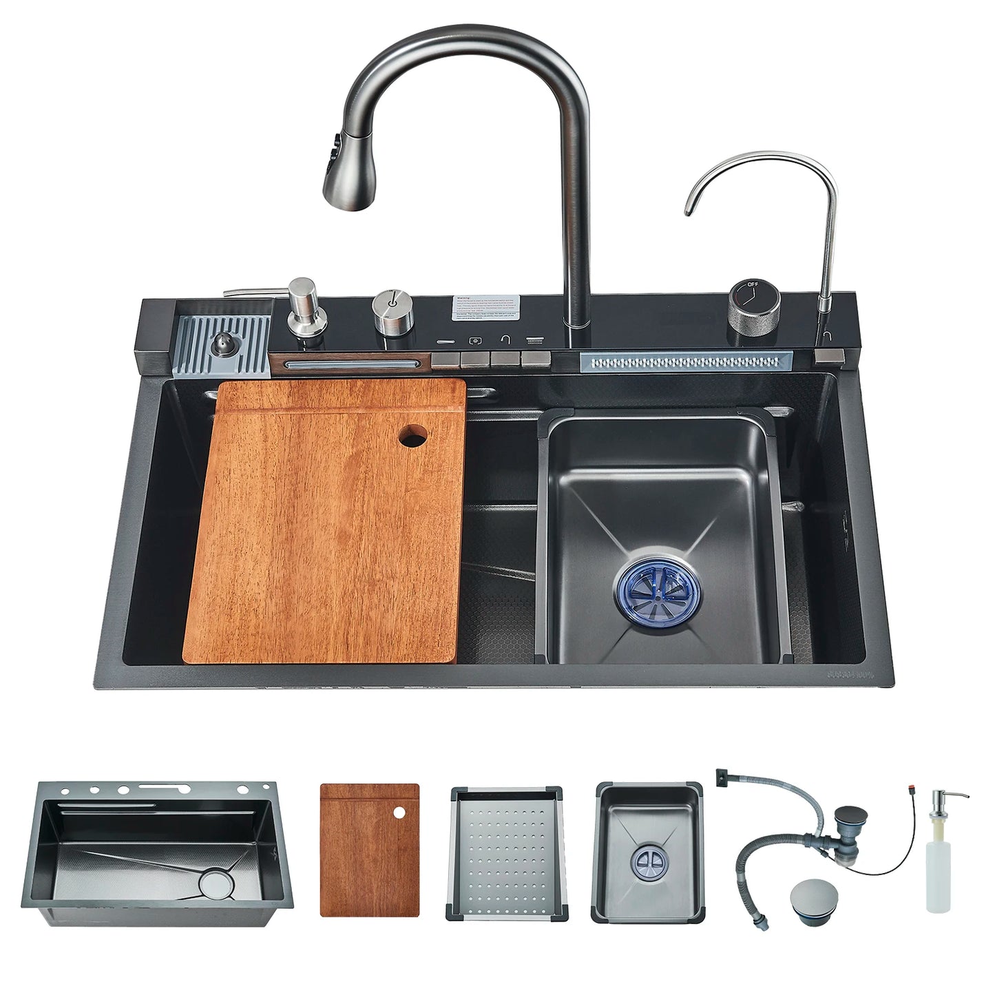 Fregadero de cocina de acero inoxidable 304 con pantalla digital, fregadero individual grande, lavabo con función táctil multifunción.