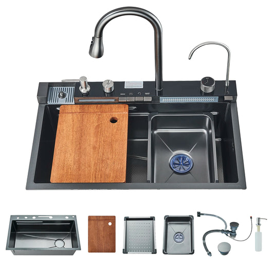 Fregadero de cocina de acero inoxidable 304 con pantalla digital, fregadero individual grande, lavabo con función táctil multifunción.