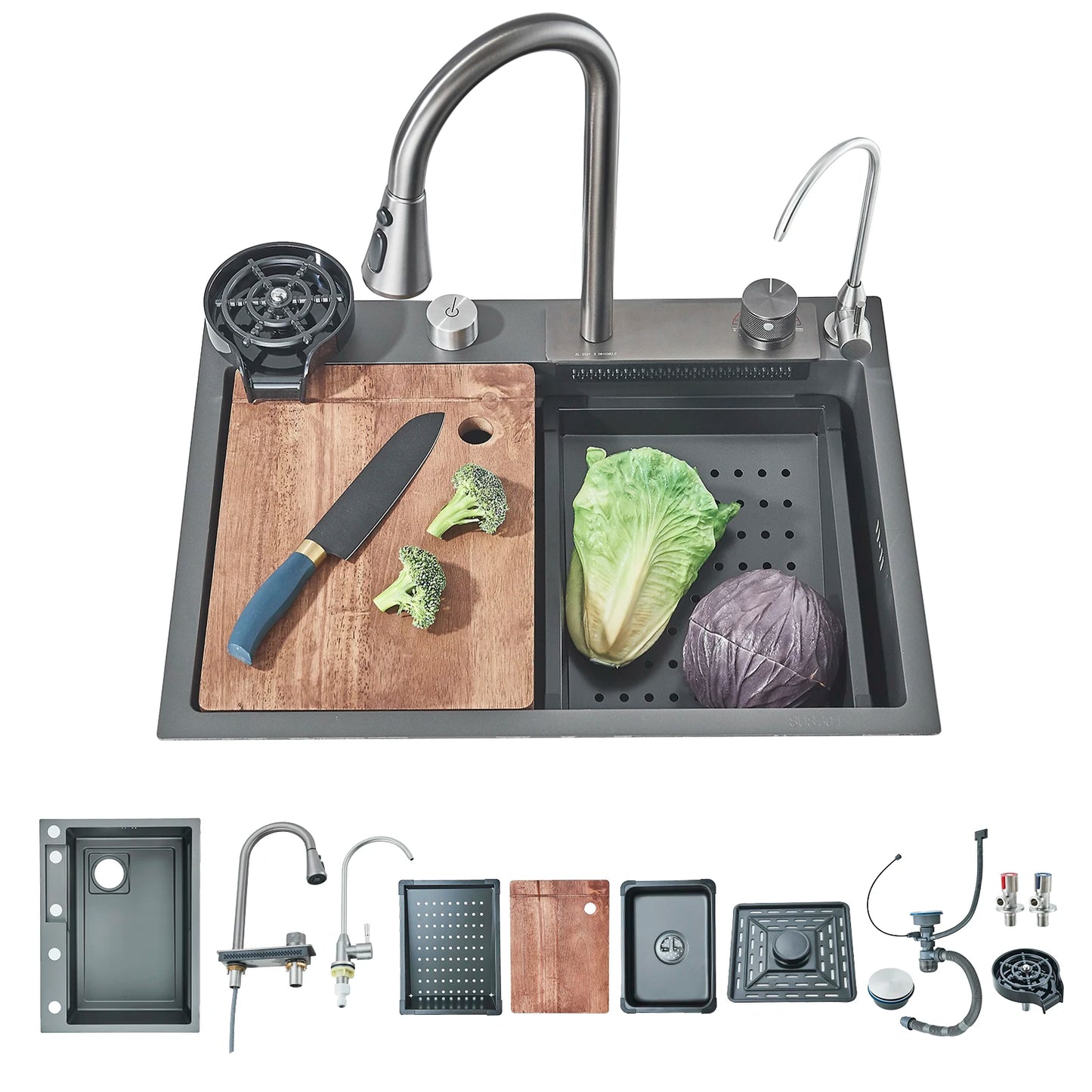 Fregadero de cocina de acero inoxidable 304 con pantalla digital, fregadero individual grande, lavabo con función táctil multifunción.