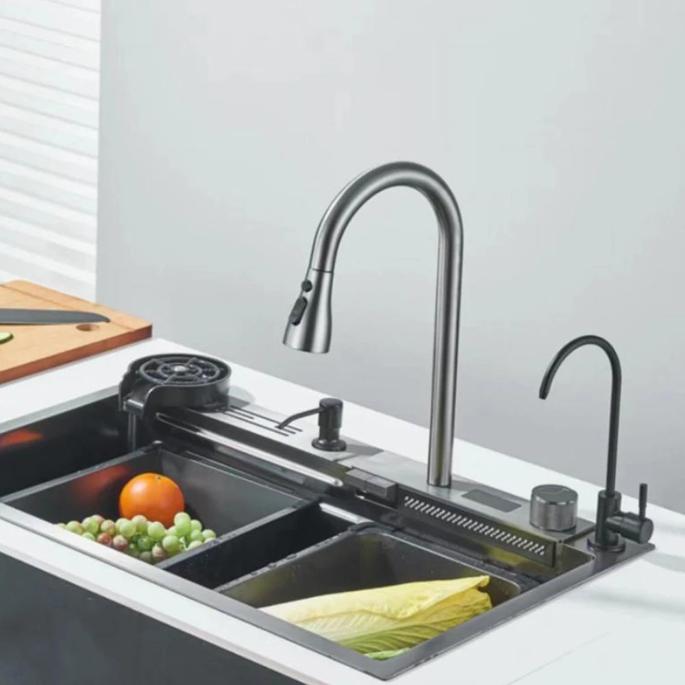 Fregadero de cocina de acero inoxidable 304 con pantalla digital, fregadero individual grande, lavabo con función táctil multifunción.