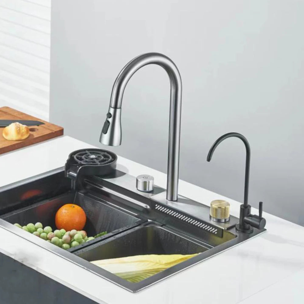 Fregadero de cocina de acero inoxidable 304 con pantalla digital, fregadero individual grande, lavabo con función táctil multifunción.